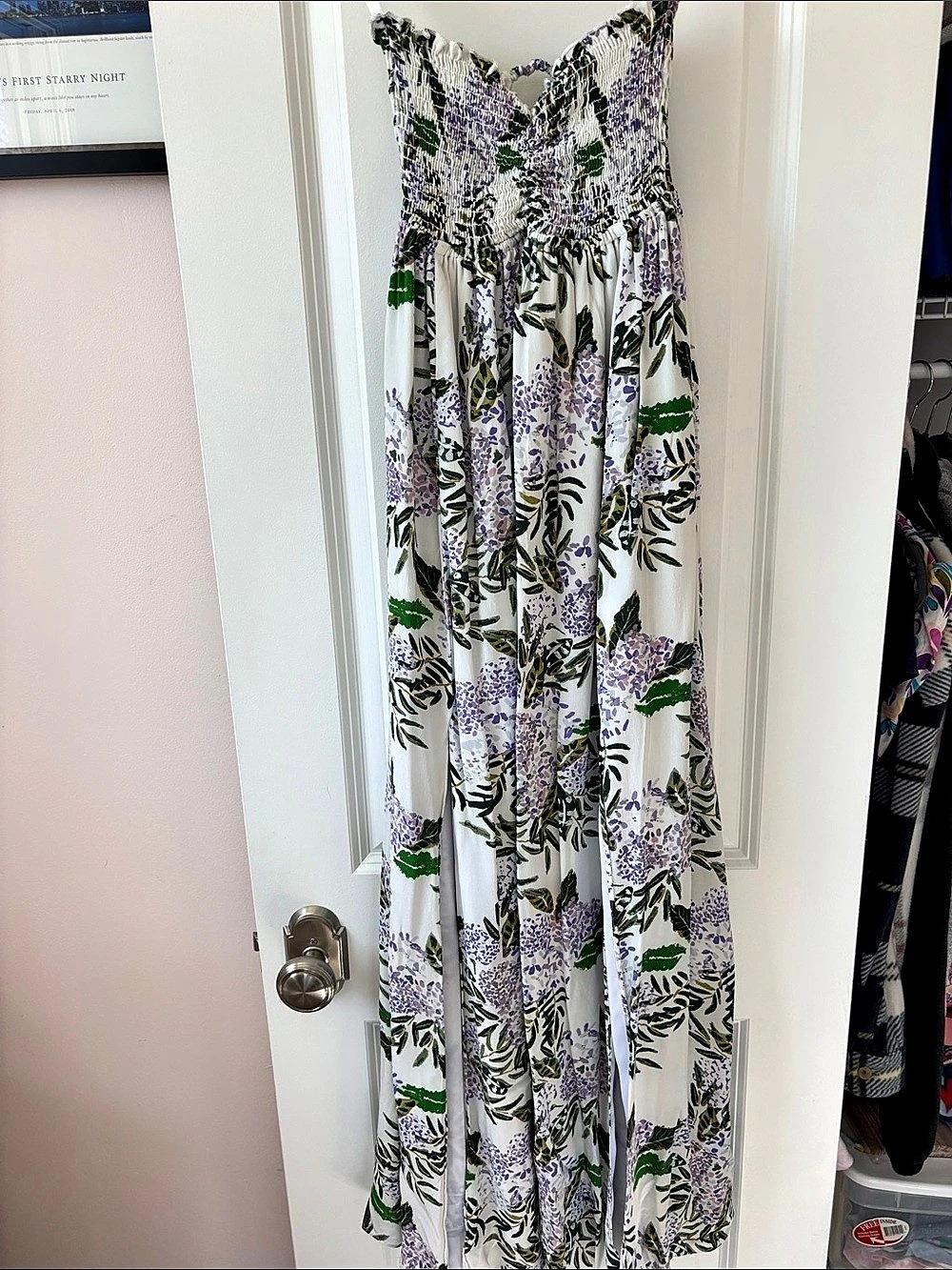 Plum Pretty Sugar Floral Smocked Maxi Dress in White & Purple Like New